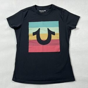 True Religion T Shirt Women Medium Slim Black Multicolor Horse Shoe Logo‎